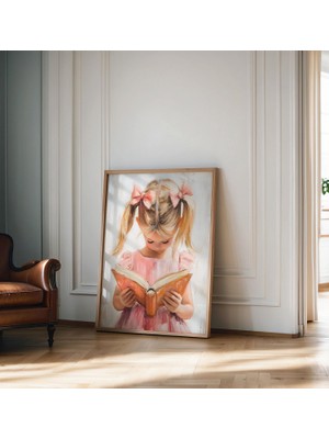 Ninastore Kitap Okuyan Küçük Kız Baskısı Pastel Kitap Köşesi Duvar Sanatı Baskısı Pembe Kız Çocuk Odası Duvar
