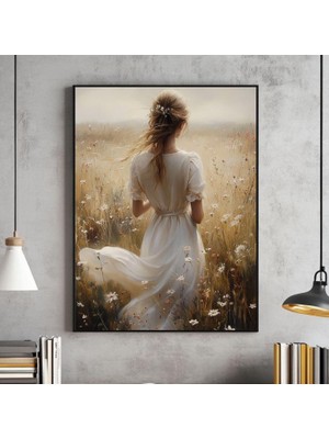 Ninastore Çiçek Tarlasında Kız Duvar Sanatı Vintage Tablo Kır Evi Tarzı Çiftlik Evi Sanat Baskısı Yağlı Boya D