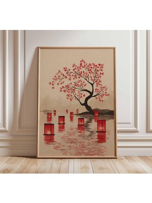 Ninastore Japon Feneri Posteri, Ahşap Baskı Tarzı Duvar Sanatı, Kırmızı Akçaağaç Yaprakları, Göl Baskısı, Vint
