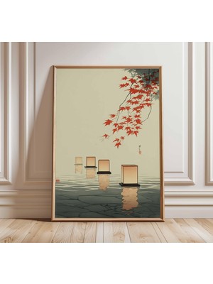 Ninastore Japon Feneri Posteri, Ahşap Baskı Tarzı Duvar Sanatı, Kırmızı Akçaağaç Yaprakları, Göl Baskısı, Vint