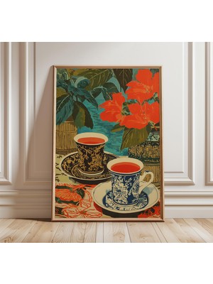 Ninastore Vintage Çay Fincanı Posteri Zarif Natürmort Sanat Baskısı Klasik Botanik Duvar Sanatı Geleneksel Ser
