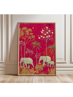 Ninastore Hint Fili Çiçek Desenli Bohem Duvar Sanatı Pembe ve Altın Oryantal Poster Egzotik Doğa Dekorasyonu K