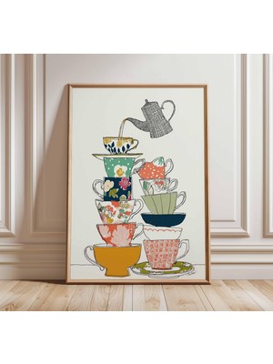 Ninastore Çay Fincanları Duvar Sanatı Baskısı Renkli Mutfak Posteri Üst Üste Dizilmiş Kupa Illüstrasyonu Neşel