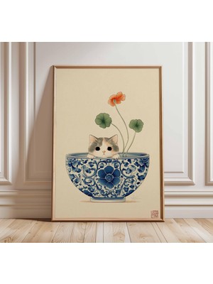Ninastore Mavi Çiçekli Kasede Kedi Posteri Sevimli Yavru Kedi Duvar Sanatı Asya Tarzı Baskı Tuhaf Hayvan Illüs