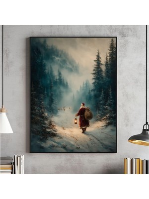 Ninastore Klasik Noel Baba ve Ren Geyiği Baskılı Noel Manzarası (Dijital Indirme)