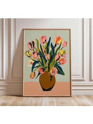 Ninastore Lale Buketi Posteri Renkli Çiçek Vazosu Duvar Sanatı Modern Botanik Baskı Cesur Çiçekli Ev Dekorasyo