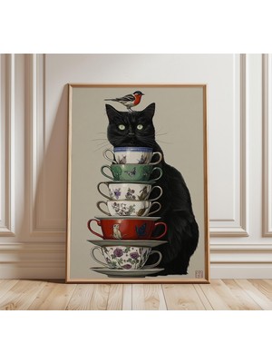 Ninastore Kedi ve Çay Fincanları Sanat Baskısı, Neşeli Hayvan Duvar Sanatı, Vintage Çay Posteri, Rahat Kır Evi