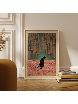 Ninastore Yeşil ve Kırmızı Renklerde Kedi Silüeti Baskılı Fener Yazısı Illüstrasyonu