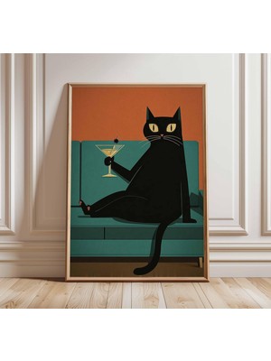 Ninastore Siyah Kedi Posteri, Orta Çağ Moderni Kedi Baskısı, Martini Kokteyli Duvar Sanatı, Retro Hayvan Sanat