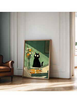 Ninastore Pizzalı Siyah Kedi Baskılı Eğlenceli Duvar Sanatı Baskısı Mutfak Duvar Dekoru Komik Kedi Posteri Ked