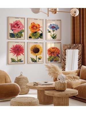 Ninastore 6'lı Botanik Baskı Seti, Vintage Çiçek Baskıları, Renkli Botanik Eğrelti Otu Baskıları, Retro Çiçek
