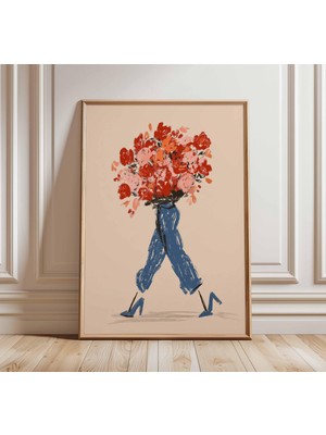 Ninastore Moda Duvar Sanatı Baskısı Modern Çiçek Illüstrasyonu Posteri Kırmızı Güllerden Oluşan Buketli Kadın