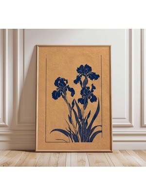 Ninastore Botanik Iris Duvar Sanatı Baskısı Linol Baskı Tarzı Çiçek Posteri Lacivert Çiçek Illüstrasyonu Minim