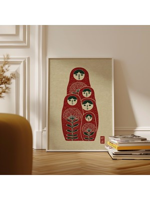 Ninastore Matruşka Sanat Baskısı Halk Bebeği Illüstrasyonu Iskandinav Tarzı Duvar Dekoru Çiçekli Linol Baskı P