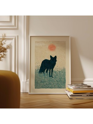 Ninastore Buğday Tarlasında Kara Tilki ve Kızıl Güneş Japon Linol Baskı Sanatı Posteri