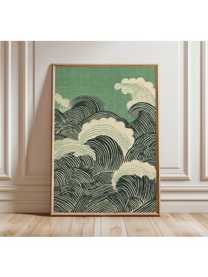 Ninastore Japon Yeşil Dalgaları Posteri, Modern Hokusai Esintili Duvar Sanatı, Minimalist Soyut Okyanus Baskıs