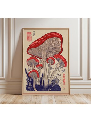 Ninastore Japon Mantarı Çizim Sanatı Baskısı Retro Vintage Botanik Poster Pembe ve Mavi Mantarlar Zarif Tipogr