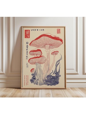 Ninastore Japon Mantarı Çizim Sanatı Baskısı Retro Vintage Botanik Poster Pembe ve Mavi Mantarlar Zarif Tipogr
