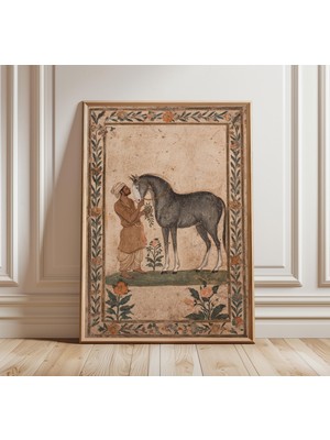 Ninastore Hint Minyatür Atı Sanat Baskısı, Babür Mirası Tablosu, Vintage Çiçekli Kenar Süslemesi, Geleneksel R