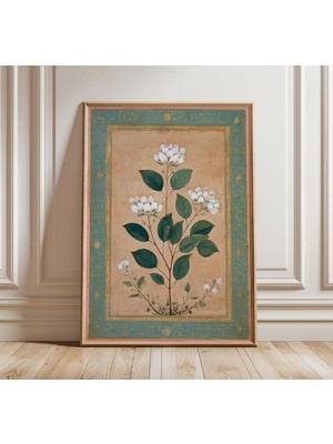 Ninastore Mughal Botanik Duvar Sanatı Baskısı Beyaz Lotus Çiçeği Posteri Vintage Hint Çiçek Tablosu Geleneksel