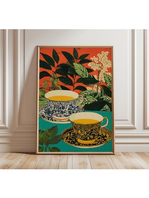 Ninastore Vintage Çay Fincanı Posteri Zarif Natürmort Sanat Baskısı Klasik Botanik Duvar Sanatı Geleneksel Ser