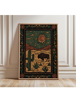 Ninastore Çöl Bizonu Duvar Sanatı Baskısı Güneybatı Manzarası Illüstrasyonu Boho Batı Posteri Vintage Doğa Dek