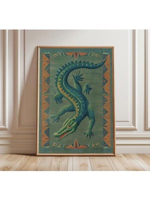 Ninastore Halk Timsahı Duvar Halısı El Yapımı Kabile Desenli Poster Yeşil ve Kırmızı Tekstil Esintili Baskı Ek