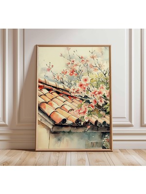 Ninastore Japon Çatı Suluboya Posteri Kiraz Çiçeği Duvar Sanatı Baskısı Asya Mimarisi Tablosu Zen Minimalist E