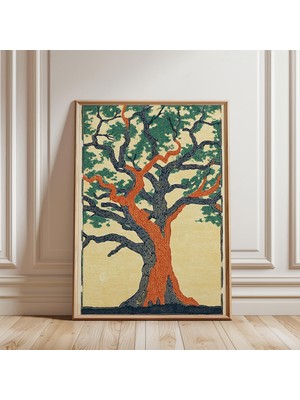 Ninastore Dallı Yeşil Mavi Yapraklı Turuncu Gövdeli Ağaç Posteri (Ahşap Baskı Tarzı)