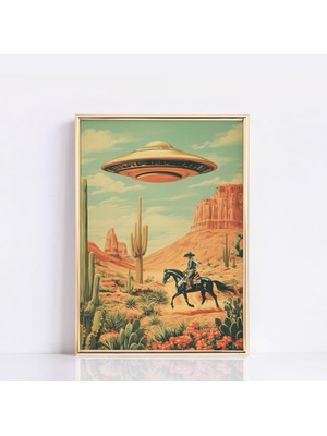 Ninastore Ufo Kovboy Güzel Sanatlar Batı Amerikan Posteri Baskısı Retro Bilim Kurgu Ev Dekorasyonu Uçan Uzaylı