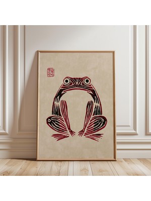 Ninastore Japon Kurbağası Mürekkep Baskı Koyu Macenta Ahşap Baskı Tarzı Illüstrasyon