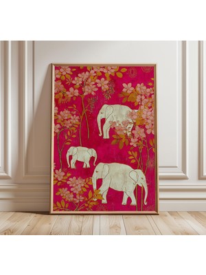 Ninastore Hint Fili Çiçek Desenli Bohem Duvar Sanatı Pembe ve Altın Oryantal Poster Egzotik Doğa Dekorasyonu K