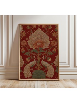 Ninastore Hint Tavus Kuşu Duvar Sanatı, Miras Çiçek Desenli Poster, Babür Esintili Kırmızı ve Altın Tasarım, B
