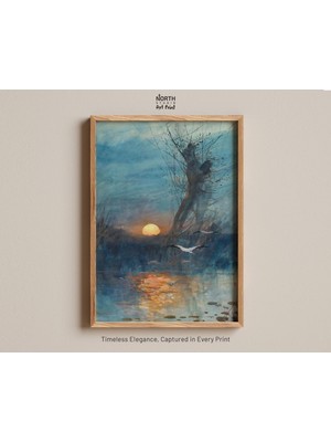 Ninastore Maurice Hagemans'ın Leyleklerle Gölet Üzerinde Gün Batımı Adlı Vintage Manzara Sanat Baskısı.