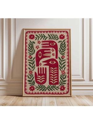 Ninastore Sürrealist Halk Sanatı Baskısı Kırmızı ve Yeşil Gözlü El Eseri Mistik Botanik Poster Bohem Duvar Dek