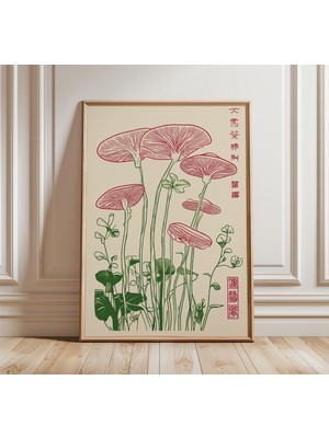 Ninastore Japon Mantarı Posteri Minimalist Botanik Duvar Sanatı Yeşil ve Pembe Mantar Illüstrasyonu Modern Doğ