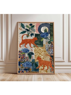 Ninastore Boho Kedi Kolaj Posteri Soyut Botanik Duvar Sanatı Baskısı Renkli Hayvan Resimleri Modern Bohem Deko