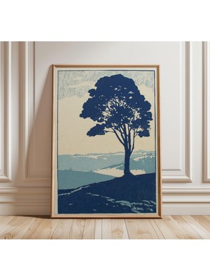 Ninastore Mavi Ağaç Manzarası Posteri Minimalist Doğa Duvar Sanatı Japon Ahşap Baskı Tarzı Vintage Orman Sanat