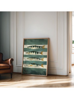 Ninastore Sardalya Balık Yağı Boyalı Baskı Yeşil Çizgili Trend Estetik Baskı Mutfak Duvar Sanatı Retro Modern