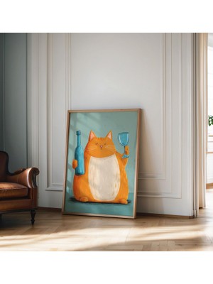 Ninastore Bar Arabası Dekor Baskısı Kedi Posteri Şarap Baskısı Retro Mutfak Dekoru Trend Duvar Sanatı Şerefe B