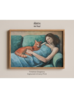 Ninastore Uyuyan Çift Kadın Kedi Sanat Baskısı Estetik Kedi Tablosu Kedi Sever Sanatı Kedi ve Kadın Yağlı Boya