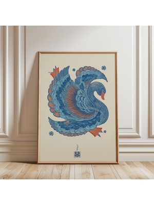 Ninastore Kuğu Illüstrasyon Posteri Japon Tarzı Mavi Kırmızı Tonlar