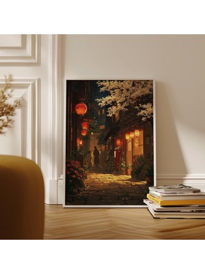 Ninastore Japon Fener Yolu Gece Manzarası Posteri Kiraz Çiçeği Dağ Yolu Sanatı