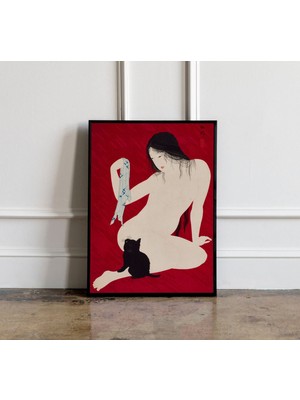 Ninastore Takashi Shotei Imzalı Çıplak ve Siyah Kedi Baskısı, Japon Kedi Posteri, Kedi Severler Için Hediye, J