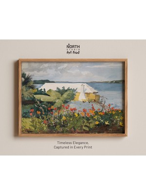 Ninastore Bermuda Çiçek Bahçesi Baskısı, Winslow Homer Suluboya Çalışması, Tropikal Manzara Posteri, Sahil Evi