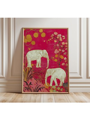 Ninastore Hint Fili Çiçek Desenli Bohem Duvar Sanatı Pembe ve Altın Oryantal Poster Egzotik Doğa Dekorasyonu K