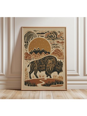 Ninastore Bufalo Duvar Sanatı Baskısı Güneybatı Çöl Manzarası Posteri Boho Kabile Hayvan Sanatı Rustik Batı De
