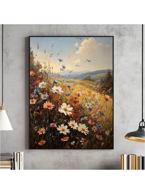 Ninastore Çiçek Tarlası Duvar Sanatı Ilkbahar Çayırı Tablosu Nötr Manzara Vintage Baskı Antik Çiftlik Evi Yazd