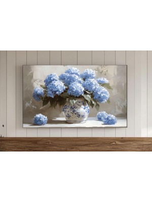 Ninastore Mavi Ortanca Çiçeği Çerçeveli Tv Duvar Sanatı Çin Tarzı Duvar Kağıdı Ilkbahar Samsung Ekran Koruyucu