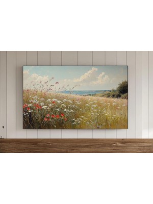 Ninastore Kırsal Yaz Manzarası Çerçeveli Tv Duvar Sanatı Ilkbahar Pembe Kır Çiçekleri Yağlı Boya Çayır Çiçekli